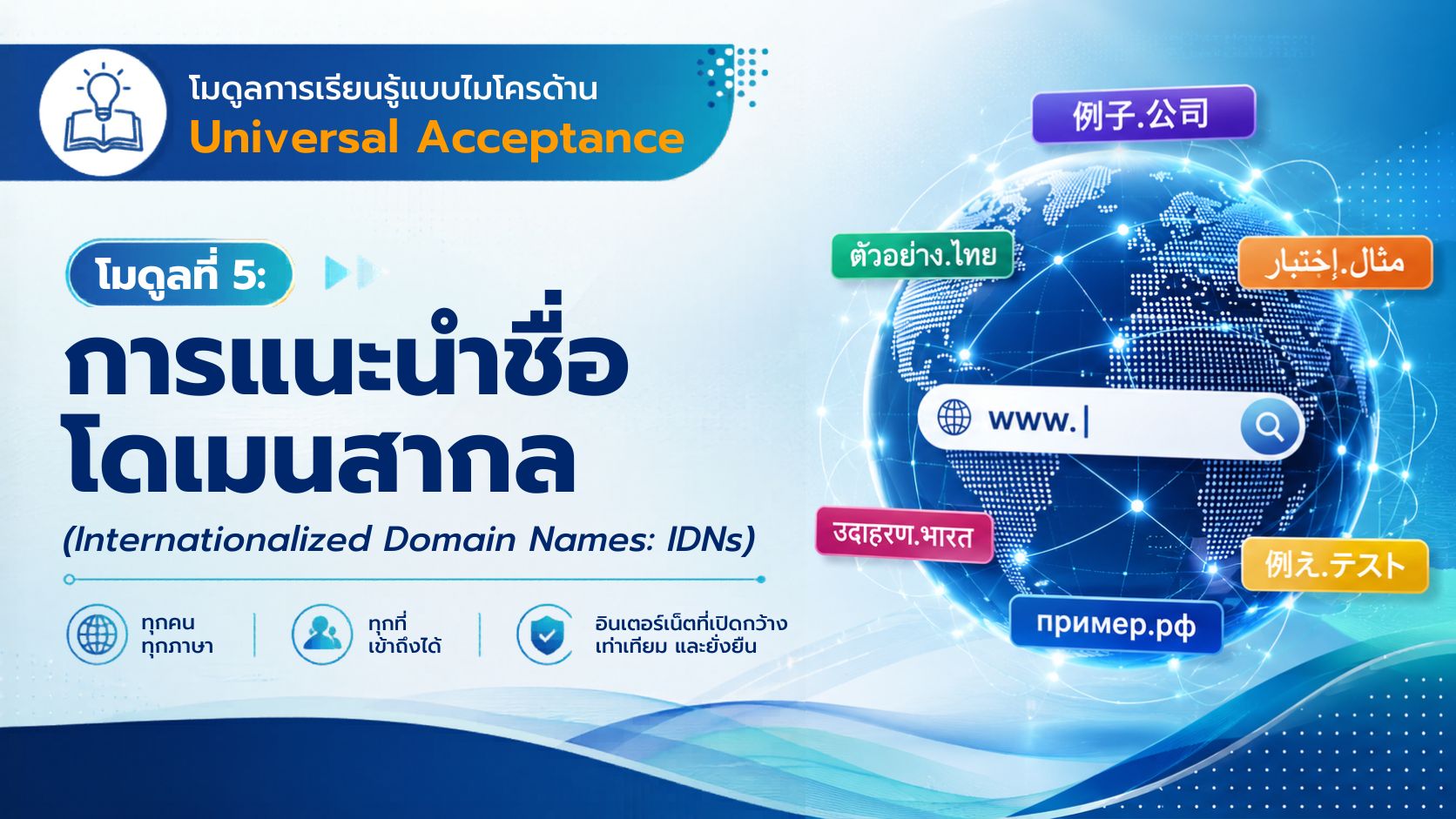 โมดูลการเรียนรู้แบบไมโครด้าน Universal Acceptance โมดูลที่ 5: การแนะนำชื่อโดเมนสากล (Internationalized Domain Names: IDNs)